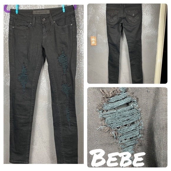 Bebe black distressed rhinestone embellished jeans - Picture 1 of 12